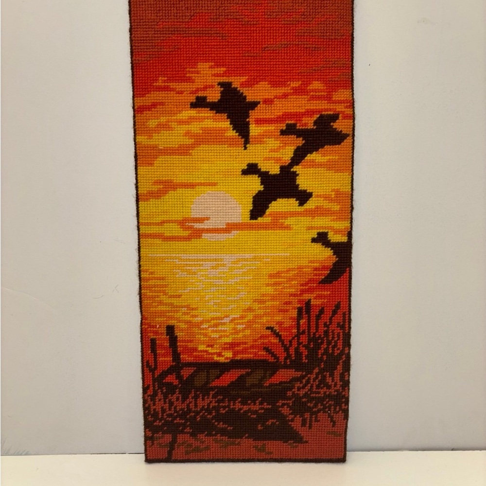 vintage framed needlepoint embroidery  sunset landscape scene with ducks/ birds